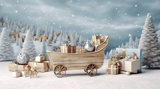 多款礼盒背景图片_带雪橇和多个礼品盒的节日圣诞节场景的 3D 概念创作