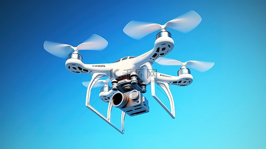 具有摄影能力的四轴飞行器无人机在清澈的蓝天3D渲染中翱翔