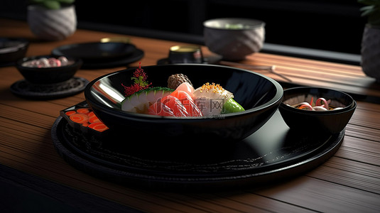 黑日背景图片_在餐桌上品尝日本 3D 渲染的寿司拼盘和一碗用优雅的黑器制成的汤