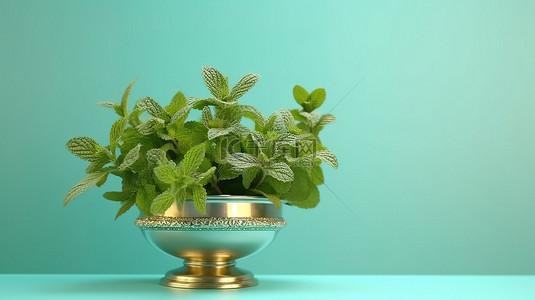 药材背景图片_青色背景金属花瓶中薄荷的专业 3D 渲染，带有新鲜的芳香