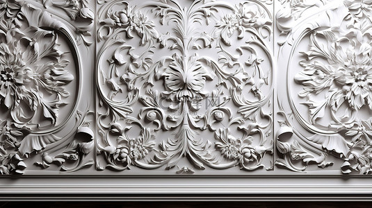 3D 渲染中的豪华白色古典图案木墙背景