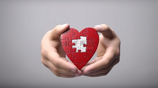 拥抱心形拼图是世界卫生日慈善捐款的象征性姿态 3D 渲染