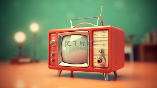 卡通影带背景图片_带天线的可爱老式红色电视的 3D 渲染