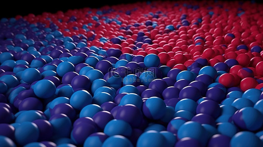 充满活力的蓝色红色紫色和蓝色球覆盖蓝色的 3D 渲染平坦表面