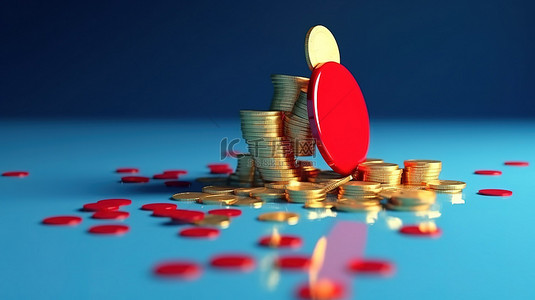 蓝色背景上向下指向的红色箭头的 3D 渲染，金币描绘了全球金融危机的概念