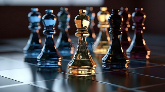 棋盘君主 玻璃国王针对黑色棋子制定战略的 3D 渲染