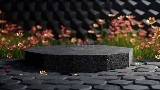 空六角形场地中黑色水磨石讲台的 3D 渲染，鲜花非常适合产品展示