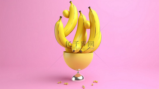 简单化的概念，一个漂浮的黄色气球，旁边是粉红色背景上的香蕉 3D 插图