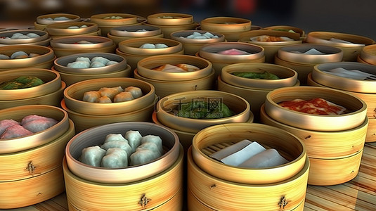 大米蒸煮步骤背景图片_3D 渲染的什锦竹蒸笼点心，带来视觉享受