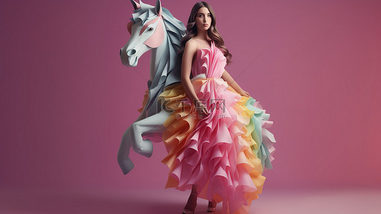 女人穿上独角兽造型，搭配 3D 纸工艺连衣裙