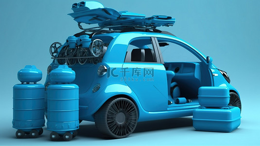 带行李堆的电动蓝色紧凑型汽车 3d 渲染图像