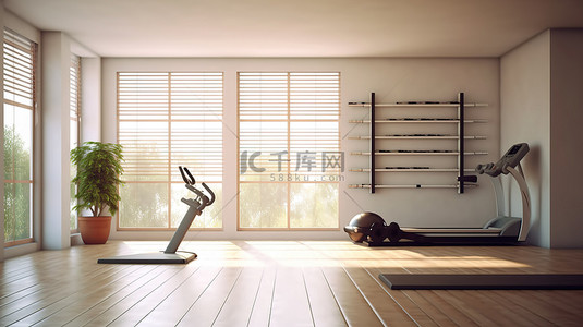 家庭健身房和健身空间的虚拟 3D 渲染