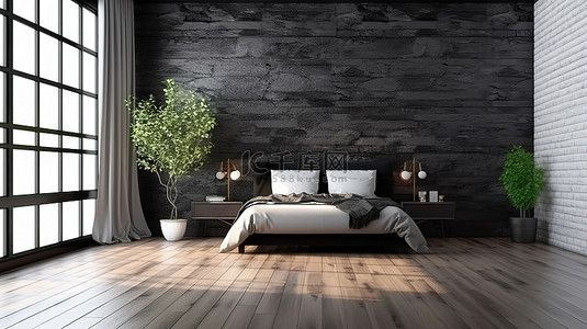 时尚黑背景图片_当代阁楼卧室概念，配有时尚的木地板和 3D 渲染的时尚黑砖墙装饰