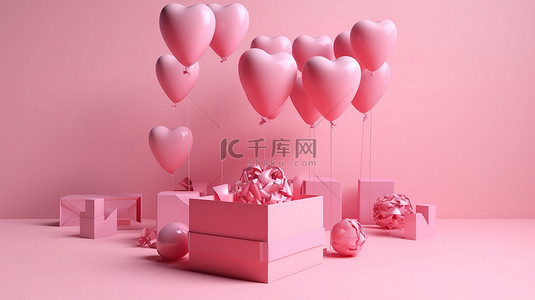抽象 3D 渲染背景中的情人节概念心形粉色气球礼盒