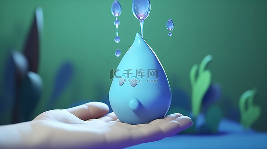 海洋日背景图片_世界水日卡通风格 3d 渲染一只手拿着一滴水