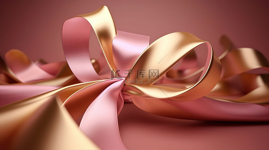 用粉色和金色丝带抽象装饰概念的 3D 渲染