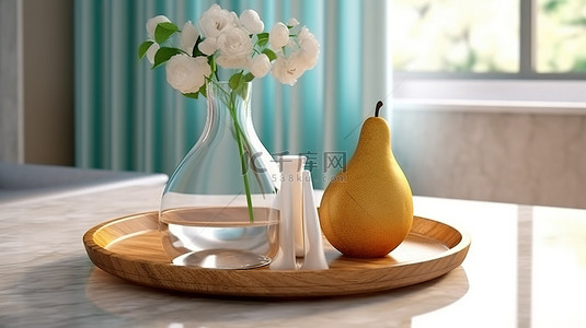 梨子背景背景图片_厨房优雅的餐桌装饰，大理石表面装饰着玻璃花瓶和木板，配有新鲜梨子 3D 渲染