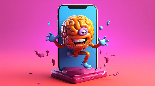 快乐的孩子背景图片_3D卡通风格的大脑以逼真的设计逃离手机屏幕