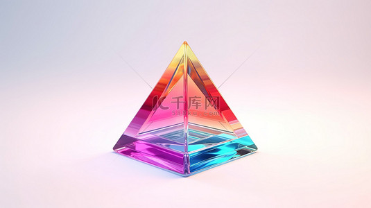 白色表面上多彩多姿的最小抽象棱镜金字塔玻璃的 3D 渲染