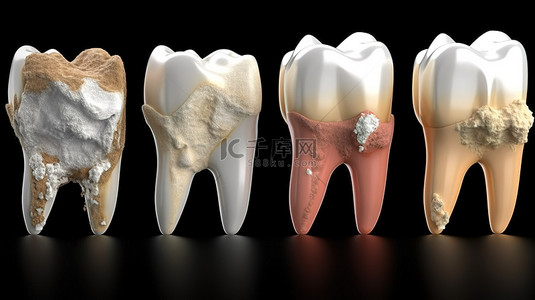 逼真的 3d 牙齿设置清洁与脏和牙齿美白过程