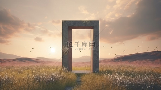 青山背景墙背景图片_风景优美的草地数字艺术品中的超现实拱门