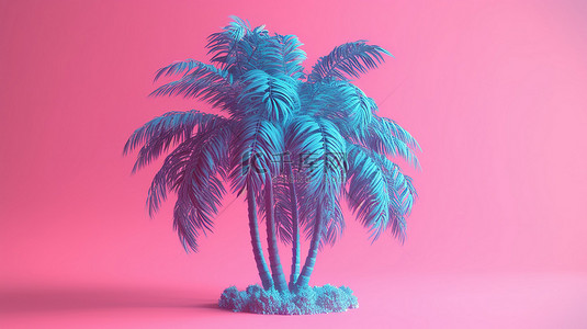 双色调蓝色棕榈树与 3D 渲染的充满活力的粉色背景