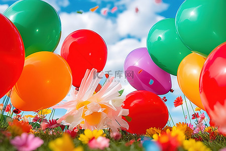 信念和行动背景图片_一些草地周围出现了鲜艳的彩色气球