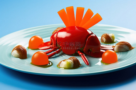 蓝色桌布上放着一个盘子，上面放着螃蟹和胡萝卜