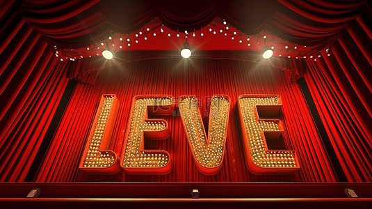 3D 渲染的“现场”灯泡刻字闪耀在红色剧院窗帘上
