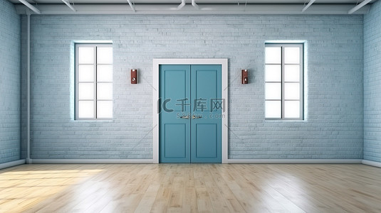 现代阁楼木地板中别致的白色门和蓝砖墙的 3D 渲染