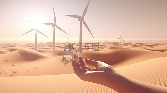 手插画风景背景图片_3d 渲染的女性手在沙漠景观中安装风力涡轮机