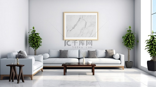 背景地板背景图片_3D 渲染现代客厅内部配有白色沙发大理石地板和帆布模型