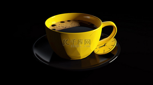 黄色能量杯黑咖啡 3D 渲染，可促进您的工作和休息时间想法