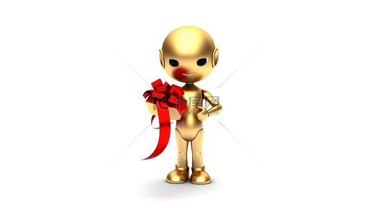 3D 渲染白色背景金色奖杯与红丝带吉祥物人物和获奖者礼品盒