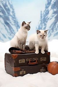棕色手提箱里的两只小猫坐在雪地上