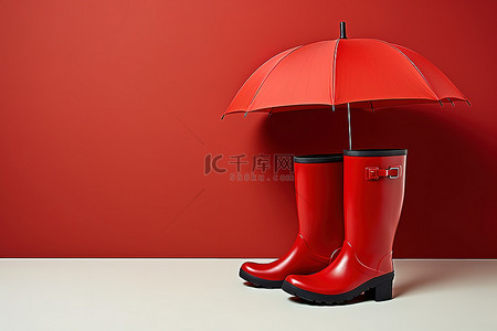 雨伞前的红色橡胶靴
