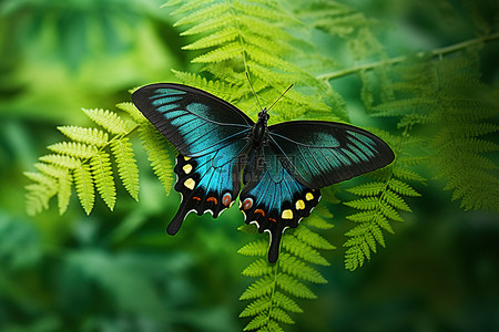 一只黑色的蝴蝶栖息在叶子的一侧