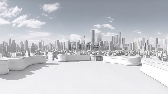 城市建筑全景 3D 渲染城市景观，带有白皮书摩天大楼和屋顶