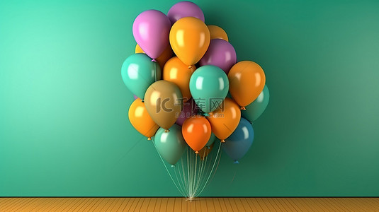 充满活力的气球花束对郁郁葱葱的绿色墙壁 3D 渲染图像