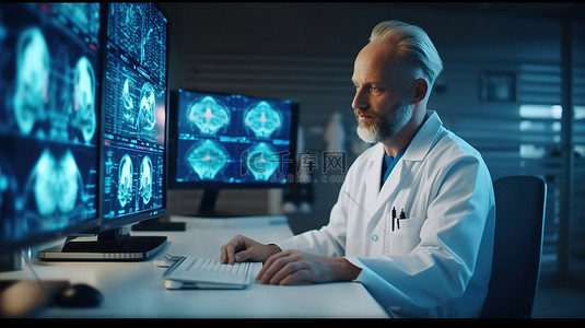 一位专科医生在医院柜子的办公桌上进行检查并做笔记，显示器上显示 3D 大脑