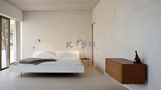 白色床背景图片_ida 拥有一间现代化的白色卧室，铺有木地板，光线充足