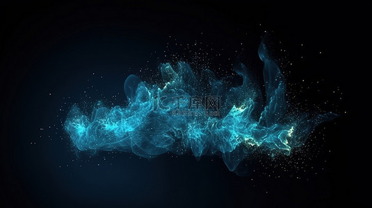 闪闪发光的蓝色火焰粒子的 3D 渲染，以逼真的纹理照亮黑暗的背景