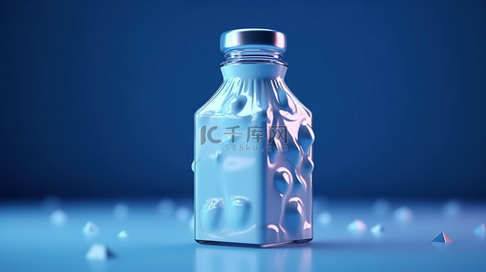 蓝色牛奶瓶包装的 3D 渲染放置在活泼的蓝色背景下