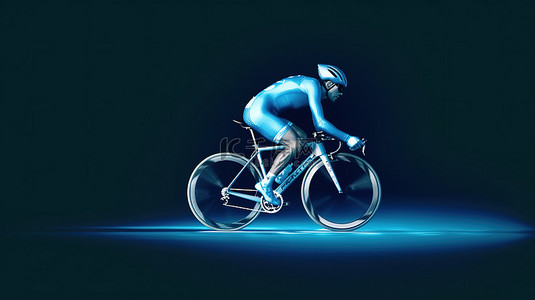 在比赛或比赛期间，骑车人在蓝色背景上侧视骑车的白色剪影 3D 插图，具有充足的复制空间