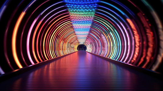 充满活力的灯光照亮黑暗的 3D 隧道