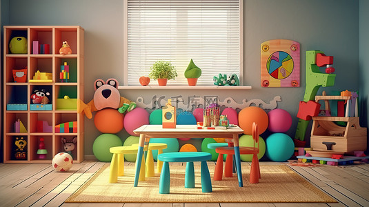 3D 渲染的空置游戏室中的彩色儿童桌和玩具