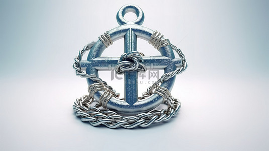 铁链背景图片_白色背景上围绕航海锚的圆形链框架的 3D 渲染