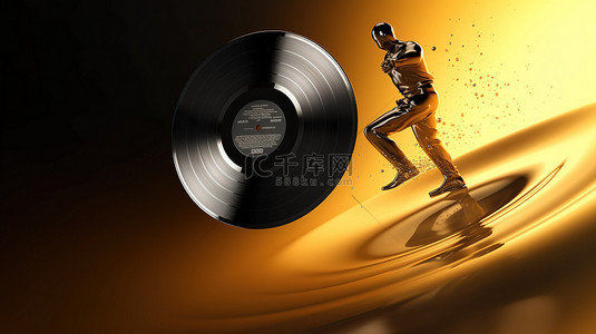 跳跃的金色黑胶唱片在 3D 渲染中从黑色跳板飙升
