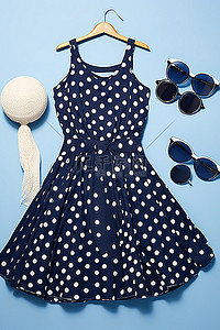 蓝色背景上的一件蓝色连衣裙和一些蓝色太阳镜