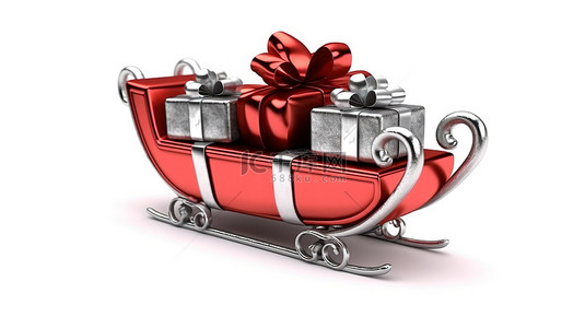 红雪橇背景图片_白色背景的孤立 3D 插图，带有红色圣诞雪橇和礼品盒